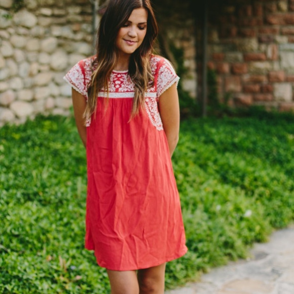 ASOS Coral Red Embroidered Yoke Shift Dress